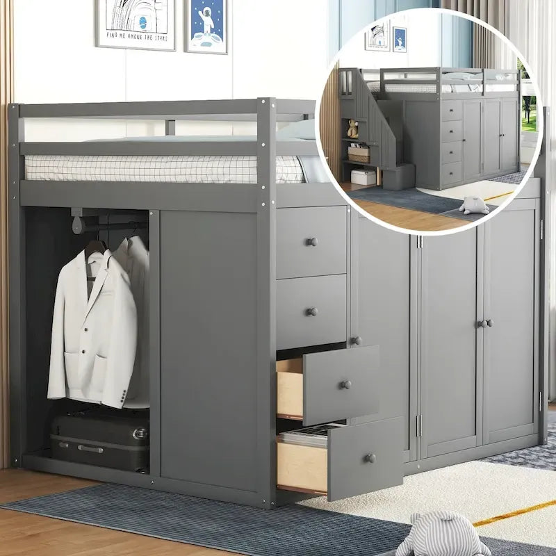 Lit mezzanine pleine grandeur avec armoire et tiroirs, Blanc/Gris, 1 personne