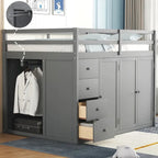 Lit mezzanine pleine grandeur avec armoire et tiroirs, Blanc/Gris, 1 personne
