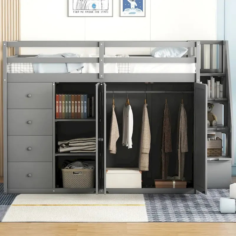 Lit mezzanine pleine grandeur avec armoire et tiroirs, Blanc/Gris, 1 personne