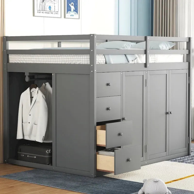 Lit mezzanine pleine grandeur avec armoire et tiroirs, Blanc/Gris, 1 personne