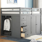 Lit mezzanine pleine grandeur avec armoire et tiroirs, Blanc/Gris, 1 personne