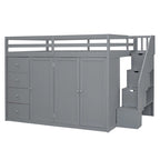 Lit mezzanine pleine grandeur avec armoire et tiroirs, Blanc/Gris, 1 personne