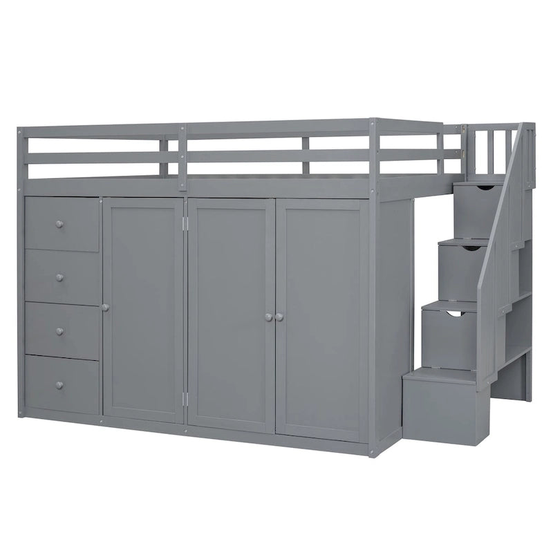 Lit mezzanine pleine grandeur avec armoire et tiroirs, Blanc/Gris, 1 personne
