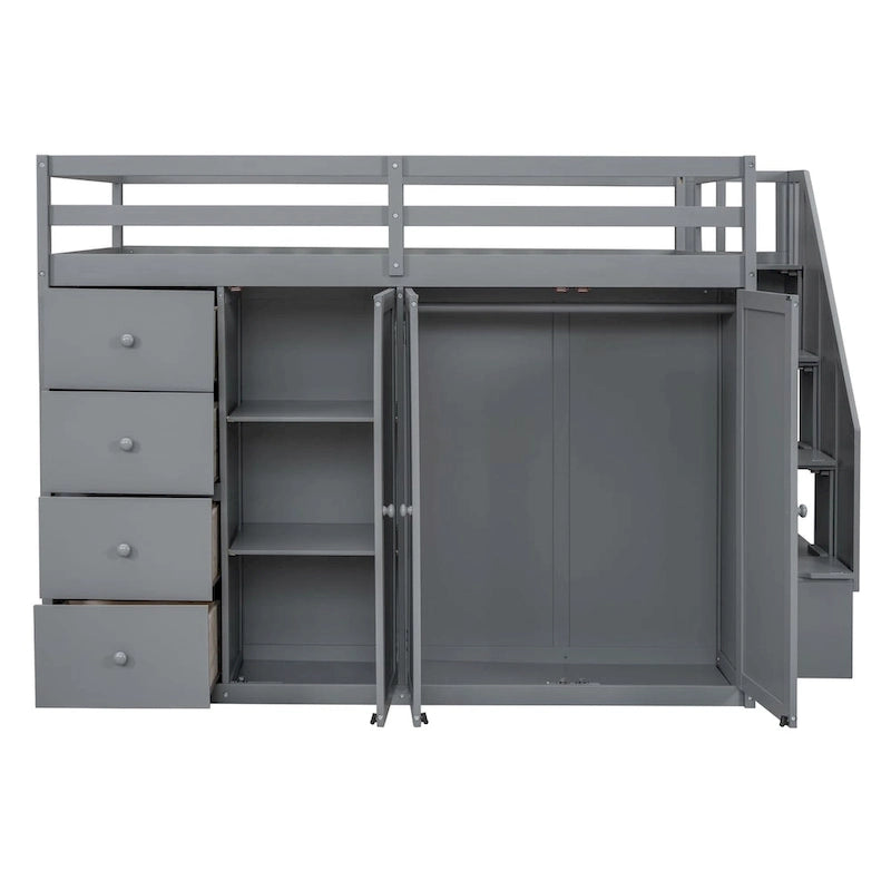 Lit mezzanine pleine grandeur avec armoire et tiroirs, Blanc/Gris, 1 personne