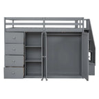 Lit mezzanine pleine grandeur avec armoire et tiroirs, Blanc/Gris, 1 personne