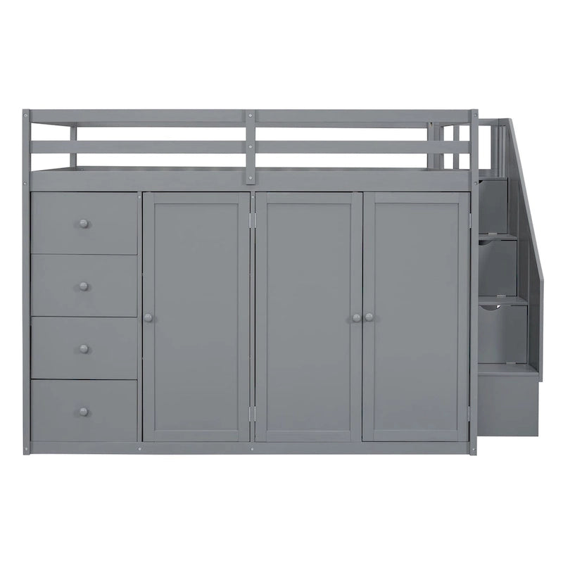Lit mezzanine pleine grandeur avec armoire et tiroirs, Blanc/Gris, 1 personne