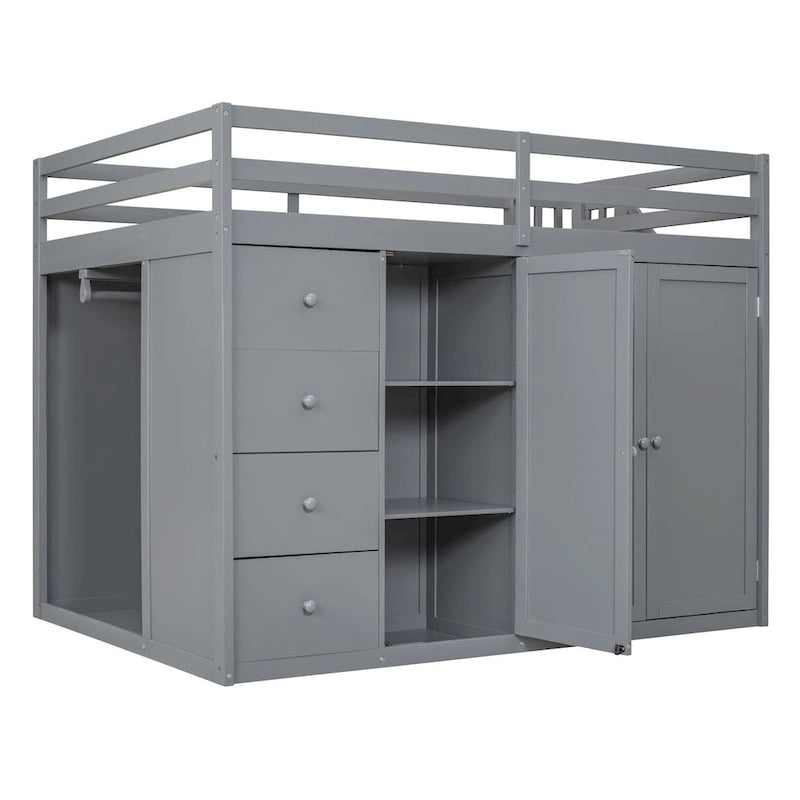 Lit mezzanine pleine grandeur avec armoire et tiroirs, Blanc/Gris, 1 personne