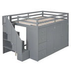 Lit mezzanine pleine grandeur avec armoire et tiroirs, Blanc/Gris, 1 personne