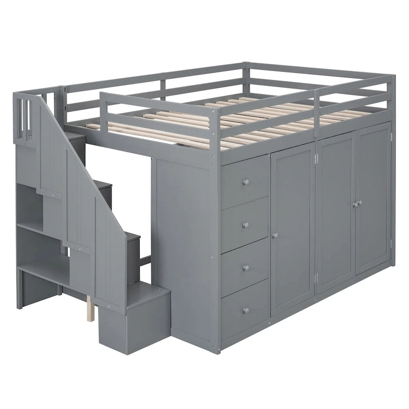 Lit mezzanine pleine grandeur avec armoire et tiroirs, Blanc/Gris, 1 personne