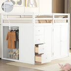 Lit mezzanine pleine grandeur avec armoire et tiroirs, Blanc/Gris, 1 personne