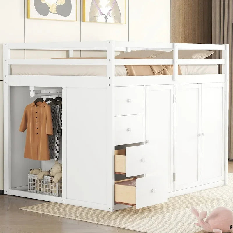 Lit mezzanine pleine grandeur avec armoire et tiroirs, Blanc/Gris, 1 personne