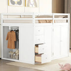 Lit mezzanine pleine grandeur avec armoire et tiroirs, Blanc/Gris, 1 personne