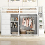 Lit mezzanine pleine grandeur avec armoire et tiroirs, Blanc/Gris, 1 personne