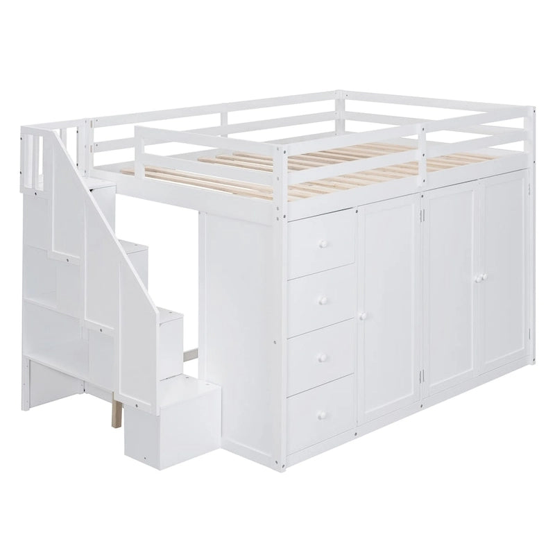 Lit mezzanine pleine grandeur avec armoire et tiroirs, Blanc/Gris, 1 personne