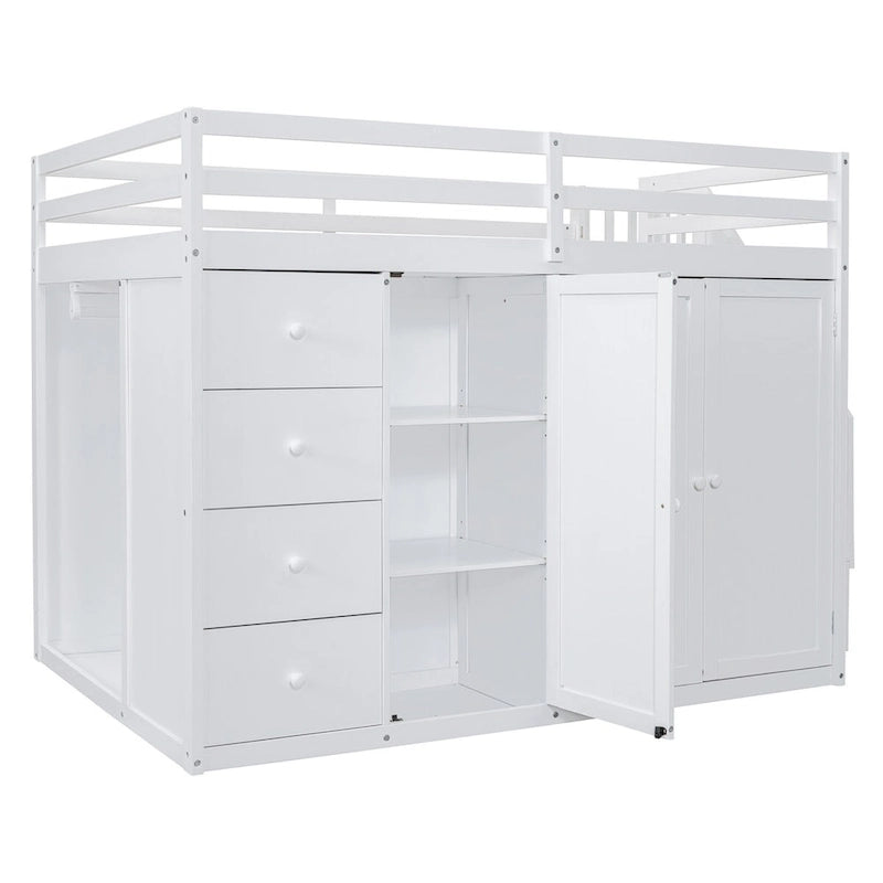 Lit mezzanine pleine grandeur avec armoire et tiroirs, Blanc/Gris, 1 personne