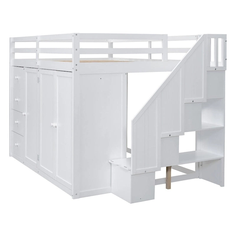 Lit mezzanine pleine grandeur avec armoire et tiroirs, Blanc/Gris, 1 personne