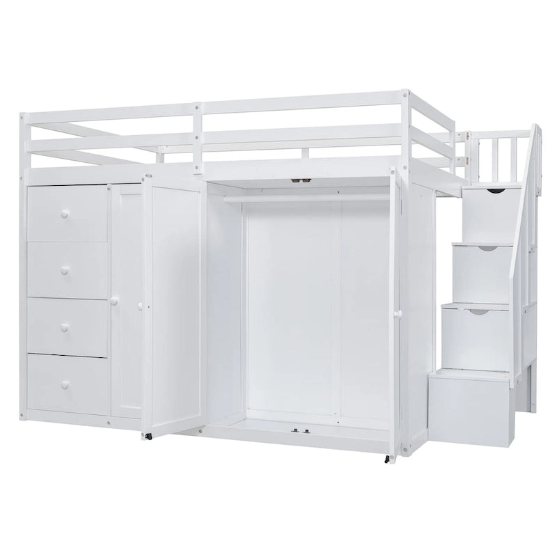 Lit mezzanine pleine grandeur avec armoire et tiroirs, Blanc/Gris, 1 personne