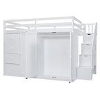 Lit mezzanine pleine grandeur avec armoire et tiroirs, Blanc/Gris, 1 personne