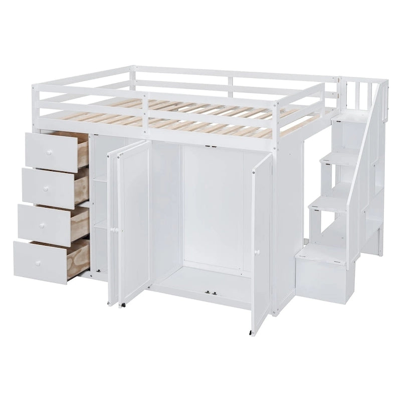 Lit mezzanine pleine grandeur avec armoire et tiroirs, Blanc/Gris, 1 personne