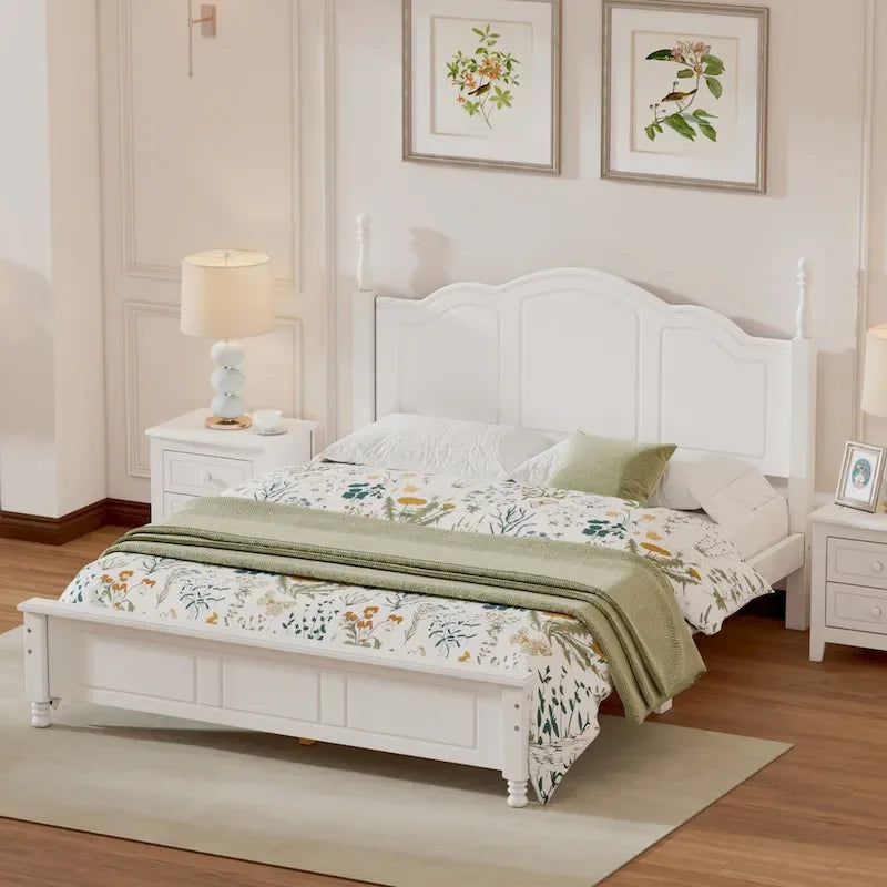 Cadre de lit plateforme Queen rétro noyer/blanc avec tête de lit, pour 1-2 personnes