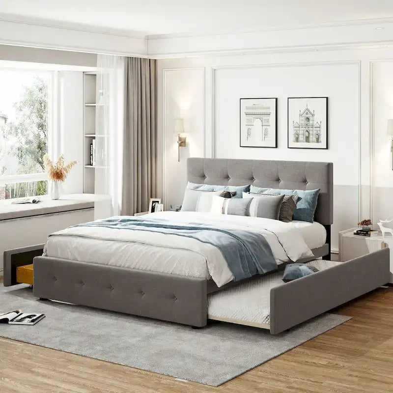 CUSchoice Queen Size Linen Fabric Platform Bed with 2 Drawers and Twin XL Trundle