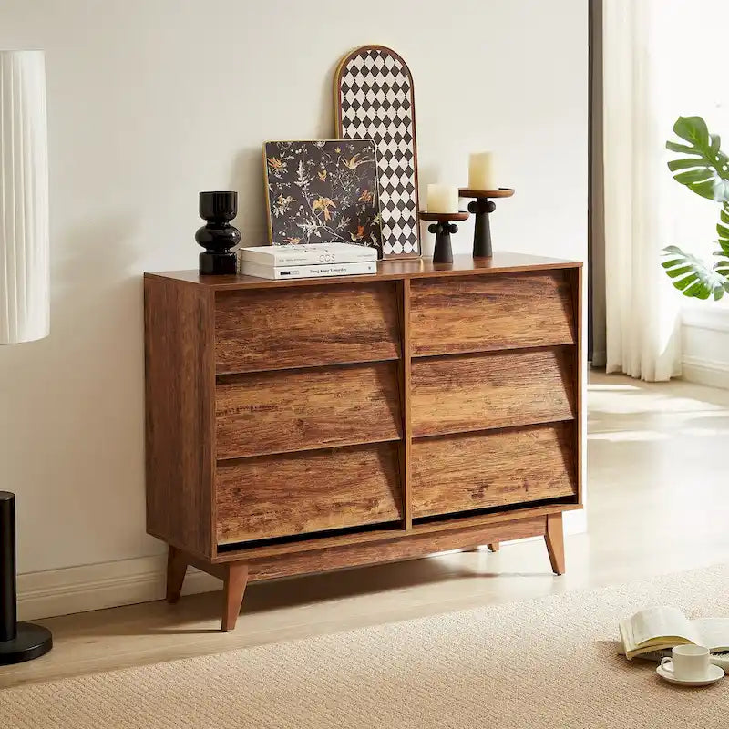 Commode 6 tiroirs marron/noir – Style biseauté milieu de siècle
