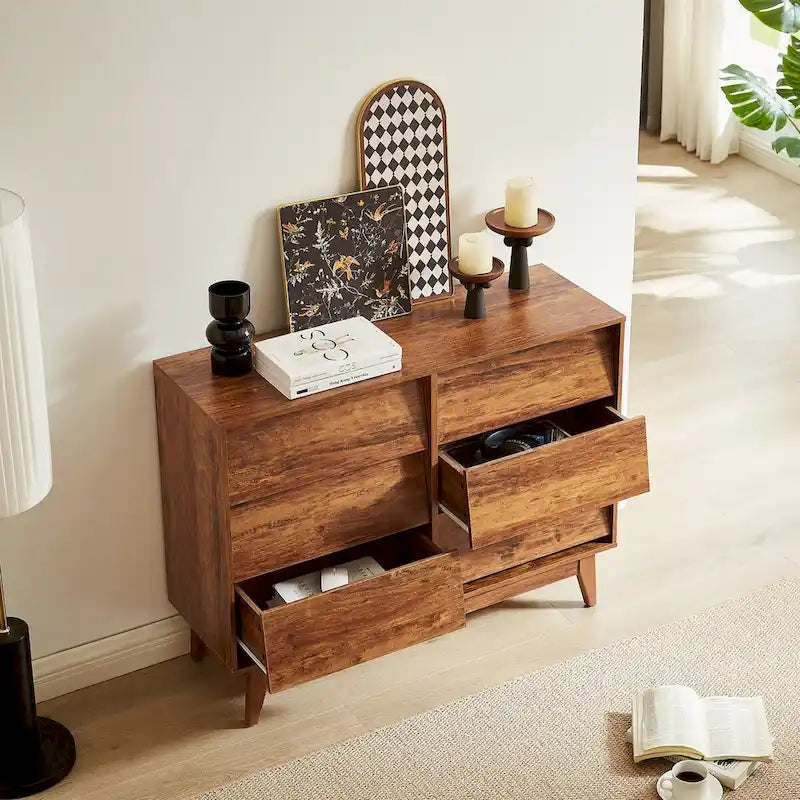 Commode 6 tiroirs marron/noir – Style biseauté milieu de siècle