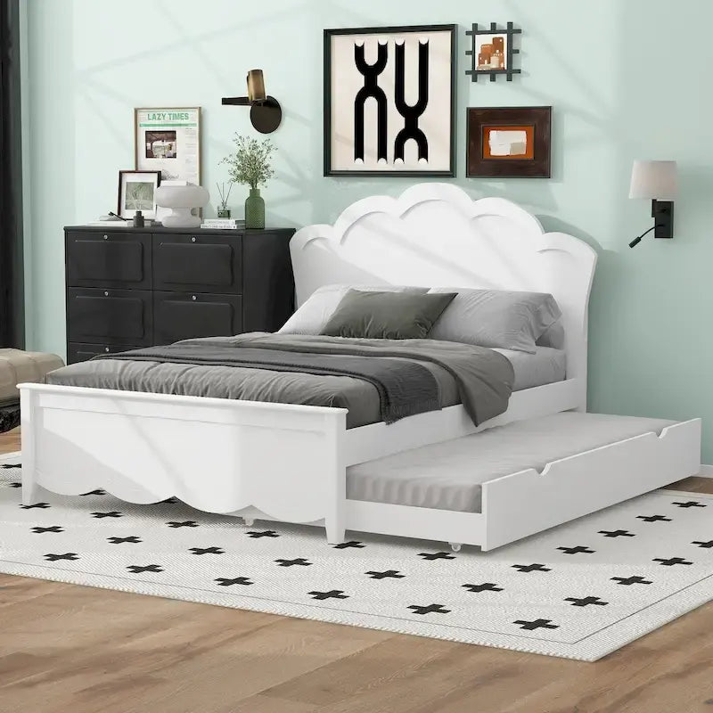 Lit plateforme gigogne blanc simple et double avec tête de lit, 2 couchages