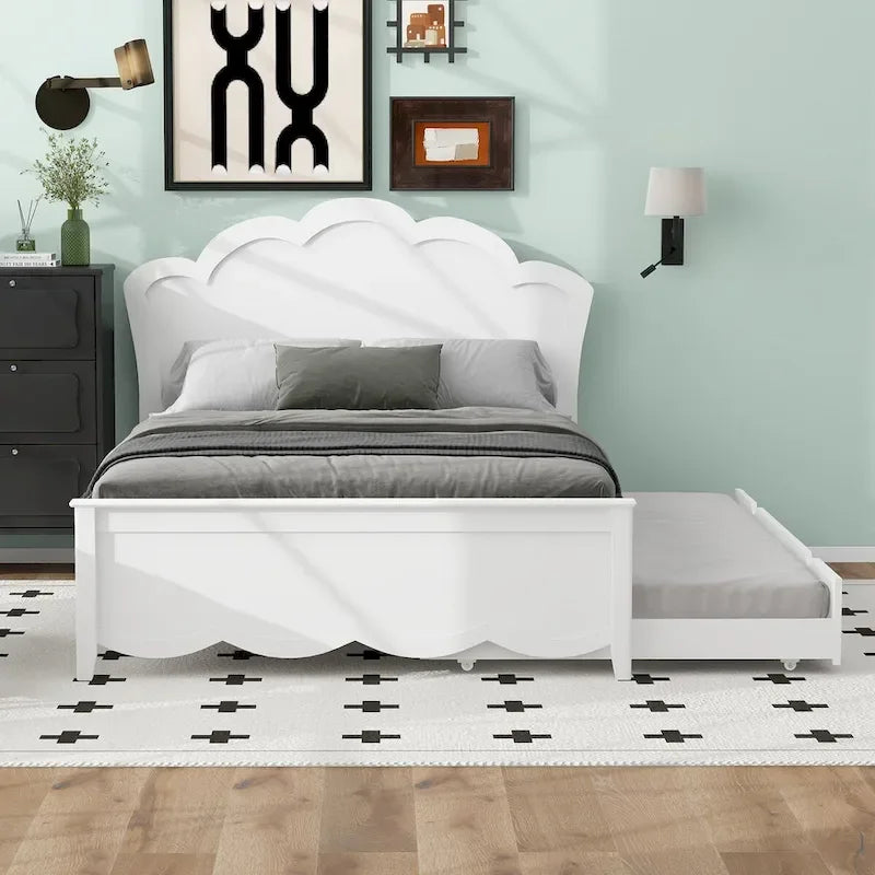 Lit plateforme gigogne blanc simple et double avec tête de lit, 2 couchages