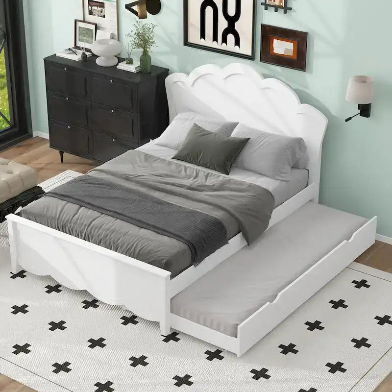 Lit plateforme gigogne blanc simple et double avec tête de lit, 2 couchages