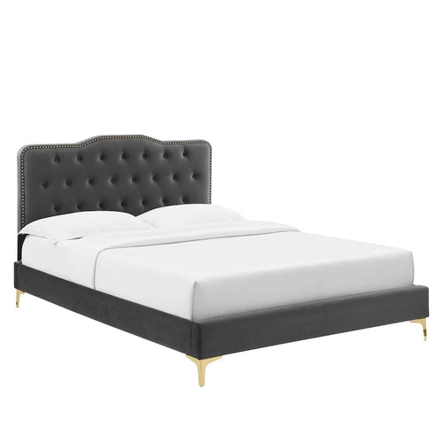 Lit plateforme simple en velours de performance touffeté ambre