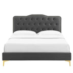 Lit plateforme simple en velours de performance touffeté ambre