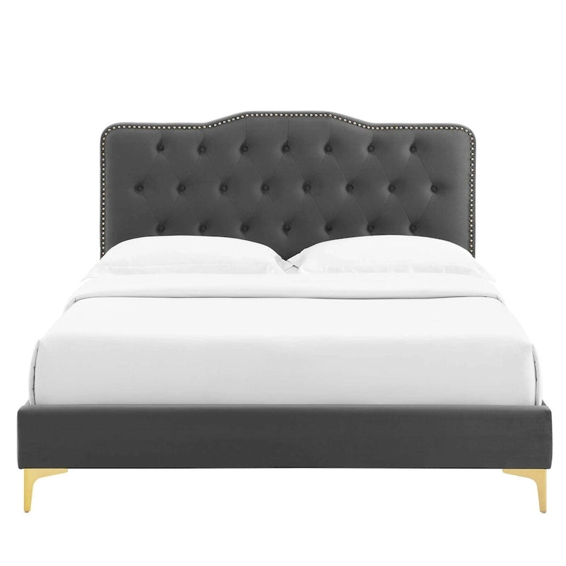 Lit plateforme simple en velours de performance touffeté ambre