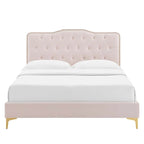 Lit plateforme simple en velours de performance touffeté ambre