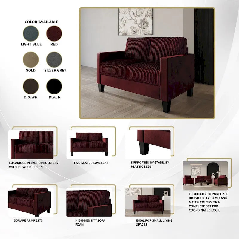 Causeuse 2 places en velours côtelé – Gris / Champagne / Marron / Bleu clair / Noir / Rouge