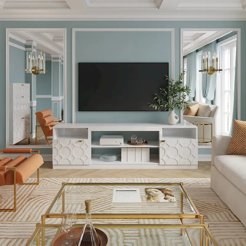 Meuble TV Blanc Laqué, 178 cm