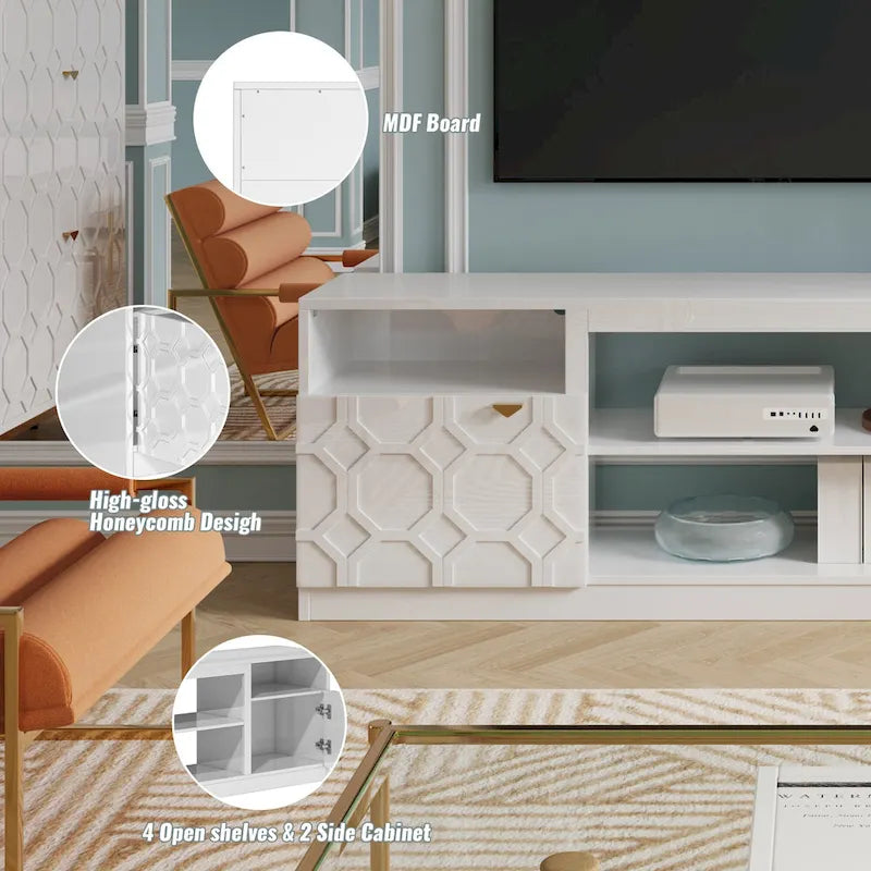 Meuble TV Blanc Laqué, 178 cm