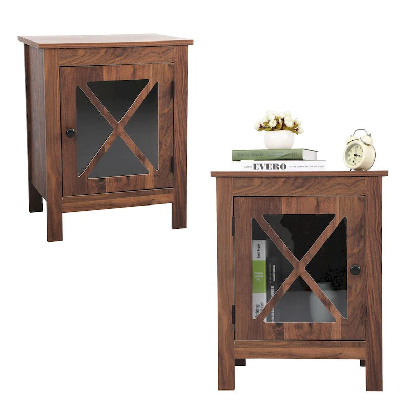Table de chevet industrielle marron / blanche / naturelle / grise avec porte en verre, lot de 2