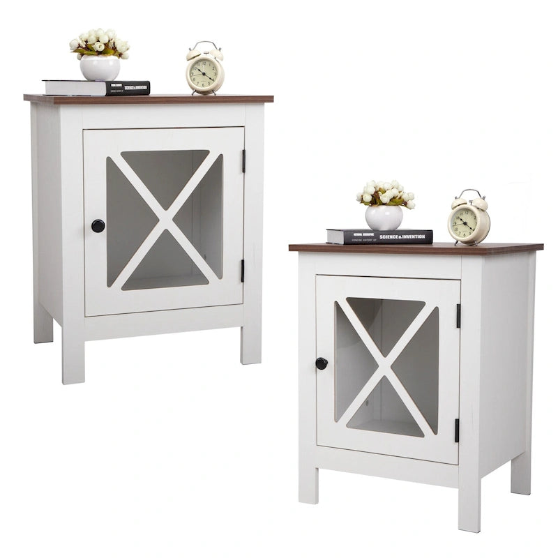 Table de chevet industrielle marron / blanche / naturelle / grise avec porte en verre, lot de 2