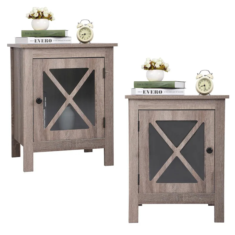 Table de chevet industrielle marron / blanche / naturelle / grise avec porte en verre, lot de 2