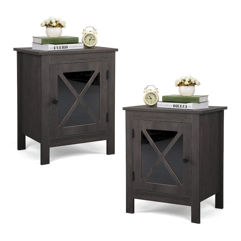 Table de chevet industrielle marron / blanche / naturelle / grise avec porte en verre, lot de 2