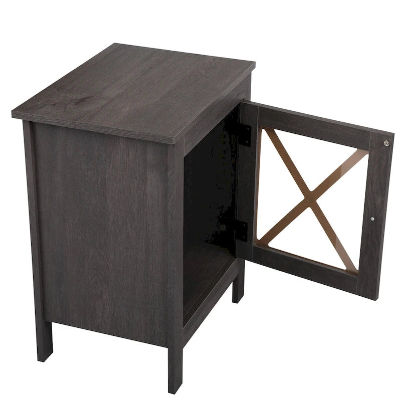 Table de chevet industrielle marron / blanche / naturelle / grise avec porte en verre, lot de 2