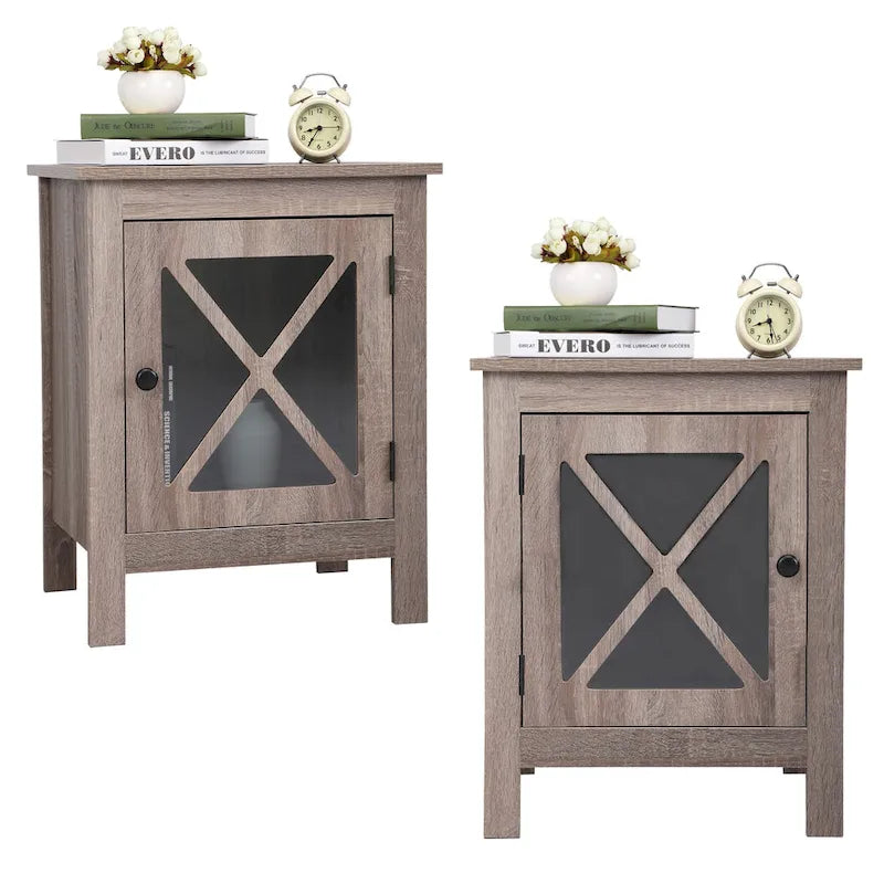 Table de chevet industrielle marron / blanche / naturelle / grise avec porte en verre, lot de 2