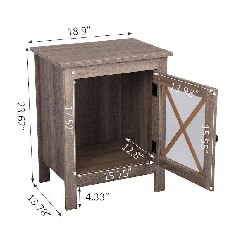 Table de chevet industrielle marron / blanche / naturelle / grise avec porte en verre, lot de 2