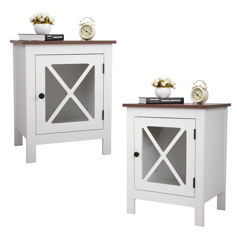 Table de chevet industrielle marron / blanche / naturelle / grise avec porte en verre, lot de 2