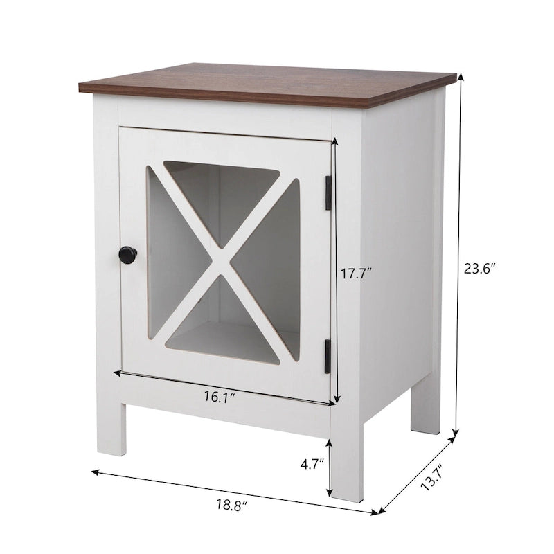 Table de chevet industrielle marron / blanche / naturelle / grise avec porte en verre, lot de 2