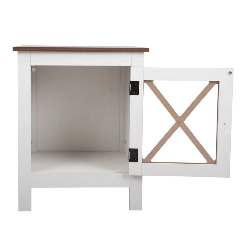 Table de chevet industrielle marron / blanche / naturelle / grise avec porte en verre, lot de 2