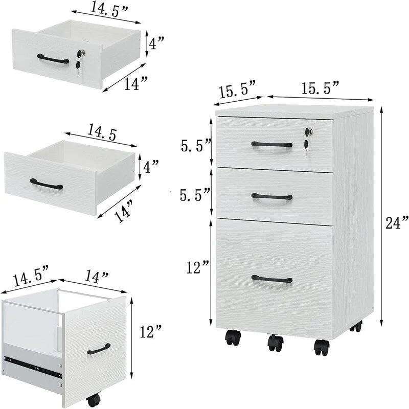 Classeur en bois verrouillable à 3 tiroirs avec rangement, armoire de rangement amovible - 15,5P x 15,5L x 24H