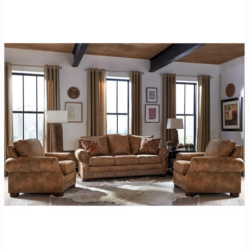Canapé-lit et deux fauteuils Rancho en tissu aspect daim marron rustique, fabriqués aux États-Unis