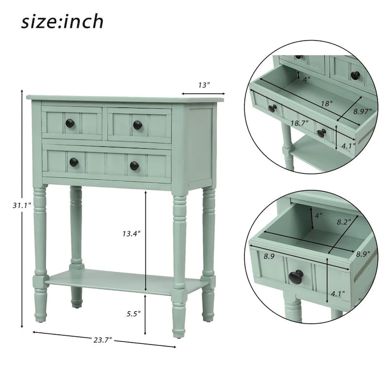 Console en bois massif vieilli avec trois tiroirs de rangement et une étagère inférieure